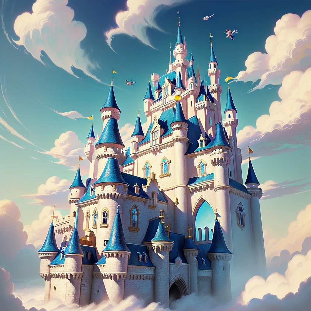 cartoon children playing in a bounquet castle with a slide, flying castle, flying cloud castle, castle background, castle setting, colorful kids book illustration, lie on white clouds fairyland, castles floating in mid air, ( castle in the background ), castle, fairy tale style background, background art, inflatable bouncer castle, background is disneyland castle, castle on the background