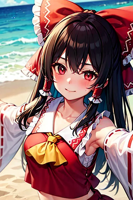 Reimu blushes with delight as she spreads her arms wide to hug someone on the beach.