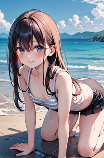 ((((Perfect Anatomy, Very detailed肌)))), 1 girl, Japanese, 16 years old, (Smooth, lustrous skin:1.1), Take in the view, (smile:1.5), 
Beautiful Hair, Beautiful Face, Beautiful attention to detail, blue eyes, Orange Hair, (Long Hair:1.7, Straight hair:1.5), bangs, Hair between the eyes, (large chests:0.7), 
Beautiful clavicle, Beautiful body, 美しいchest, Beautiful thighs, Beautiful feet, Baby Face, chest, barefoot, bare hands, 大きいchest、
White and grey striped bra, White and grey striped panties, Very sexy, Captivating thighs, Camel Toe, Sweaty, wet skin, 
Pink Tank Top, Black mini skirt, chestのネックレス, 
(Beautiful views), coastal, blue sky, Leaning forward, On all fours, Bend your legs, 
(8k, Highest quality, Masterpiece​:1.2, Very detailed), (Realistic), Beautiful illustrations, Cinema Lighting, ,
