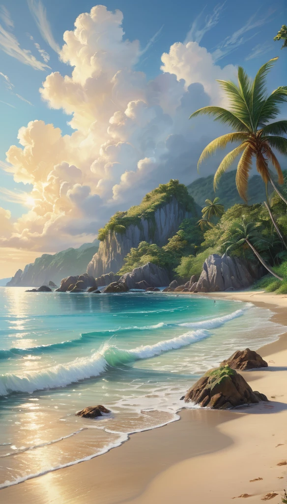 A tranquil seaside landscape, sun-drenched ocean, golden sand beach, beautiful detailed clouds, serene atmosphere, oil painting, lush tropical foliage, warm inviting light, soft pastel colors, enchanting dream-like quality, ultra-detailed, (best quality,4k,8k,highres,masterpiece:1.2),ultra-detailed,(realistic,photorealistic,photo-realistic:1.37),landscape,seascape,seascape painting,tropical paradise,idyllic beach scene,cinematic lighting,vibrant colors,stunning realism