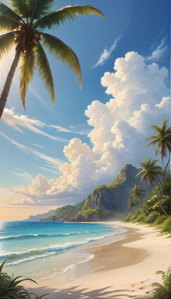 A tranquil seaside landscape, sun-drenched ocean, golden sand beach, beautiful detailed clouds, serene atmosphere, oil painting, lush tropical foliage, warm inviting light, soft pastel colors, enchanting dream-like quality, ultra-detailed, (best quality,4k,8k,highres,masterpiece:1.2),ultra-detailed,(realistic,photorealistic,photo-realistic:1.37),landscape,seascape,seascape painting,tropical paradise,idyllic beach scene,cinematic lighting,vibrant colors,stunning realism