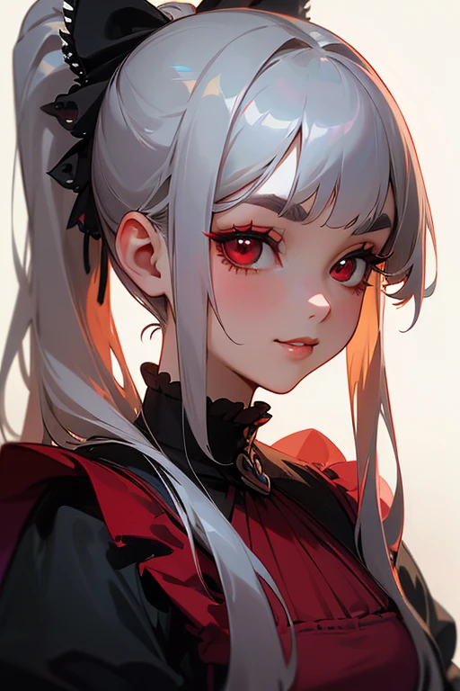 (Highest quality, masterpiece:1.2), High resolution, 最高masterpiece、Very detailed, Realistic:1.37, Fantasy, An illustration,Gray Hair、 Red eyes、Queen, Red dress、beautifully、Eyeshadow Red、Thick eyebrows、Long eyelashes、pupils are black、shiny on the lips、Top Sites、Queen、Princess、A kind smile、Soft impression、people々Loved by、Slimming the face、Shoulder Bare、ponytail、Kissing Face、Long white hair、Shaggy Bangs、(Save face image).(Gothic Lolita)、