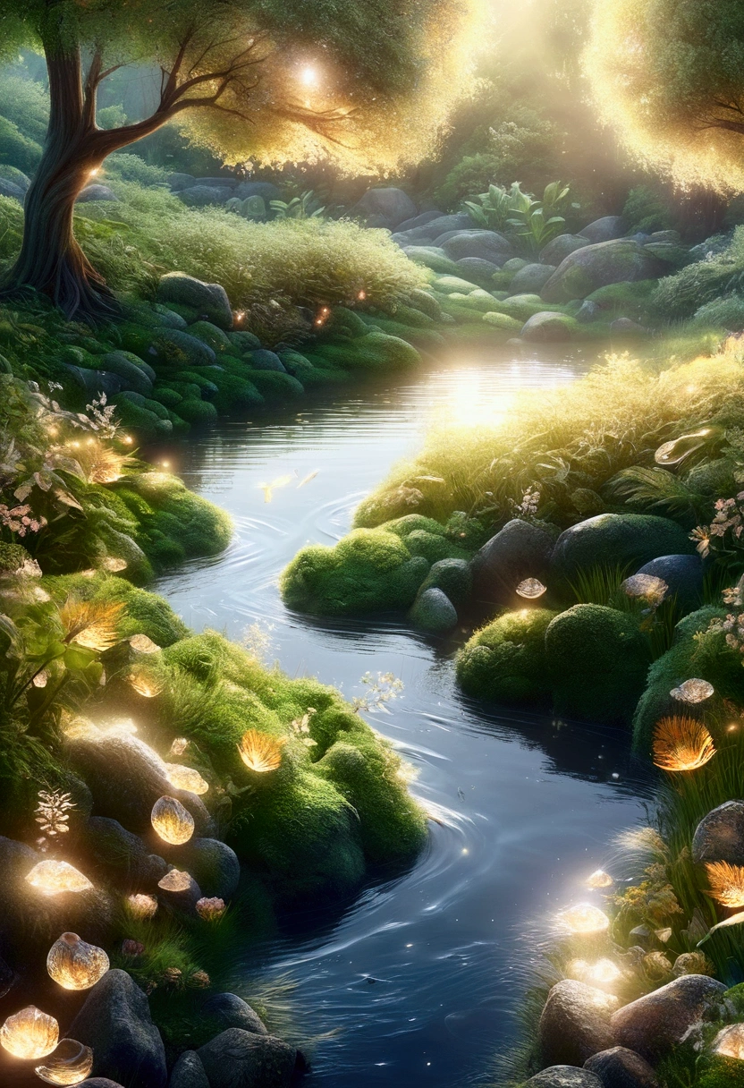 realistic animation, mysterious atmosphere, (best quality, high resolution:1.2), very detailed, realistic, sight, The Enchanted Forest, Beautiful reflection, peaceful atmosphere, soft sunlight, calm valley, Lush green vegetation, A tranquil and peaceful scene, Subtle color palette, Calm atmosphere, breeze, birdsong heard from afar, vivid colors, The freshness of dawn after the rain, magnificent and beautiful, golden sky, underwater rocks, Transparent clear water quality, light reflection on water, ripples on the water, A pattern that makes waves, sublime tranquility, balance, Leisurely and elegant composition, soft lighting, Warm sunlight with golden particles filtering through the leaves.,
