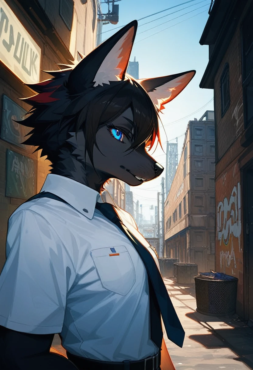 Highest quality, Highest quality, masterpiece, Ultra-high resolution, Detailed Background, Absurd, Alley, Graffiti art on the wall, Perfect Anatomy, performance, Good lighting, Shadows in the movies(kemono, Furry Personifi猫ion), Black Wolf, Beautiful eyes, fur, shirt, Vibrant colors, Blue Eyes, cyber punk, Tying a tie by hand