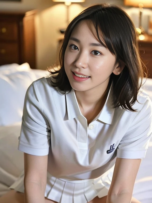 (Masterpiece, Best quality: 1.4), (Ultra realistic, Photo-realistic: 1.2), From above, From side, Sitting, Looking at viewer, Natural light, 28 years old actress, Japanese women, Neat and clean, ((Wearing white tennis uniform, White short-sleeve polo shirt, Not buttoning the polo shirt, White pleated tennis skirt: 1.3)), Wearing white sock, (Ponytail: 1.3), (Beautiful face), Oval face, clear, Beautiful eyes, Kind eyes, Clear skin, Small face, Beautiful mouth, Small mouth, Natural makeup, Approachable, Seductive smile, (Seductive pose: 1.2), (Beautiful thighs: 1.2), (Bedroom eyes: 1.1), Embarrassed, Blush, Luxury hotel Suite room, On bed,