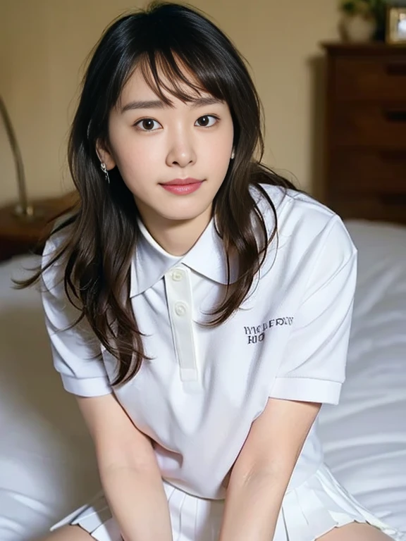 (Masterpiece, Best quality: 1.4), (Ultra realistic, Photo-realistic: 1.2), From above, From side, Sitting, Looking at viewer, Natural light, 28 years old actress, Japanese women, Neat and clean, ((Wearing white tennis uniform, White short-sleeve polo shirt, Not buttoning the polo shirt, White pleated tennis skirt: 1.3)), Wearing white sock, (Ponytail: 1.3), (Beautiful face), Oval face, clear, Beautiful eyes, Kind eyes, Clear skin, Small face, Beautiful mouth, Small mouth, Natural makeup, Approachable, Seductive smile, (Seductive pose: 1.2), (Beautiful thighs: 1.2), (Bedroom eyes: 1.1), Embarrassed, Blush, Luxury hotel Suite room, On bed,