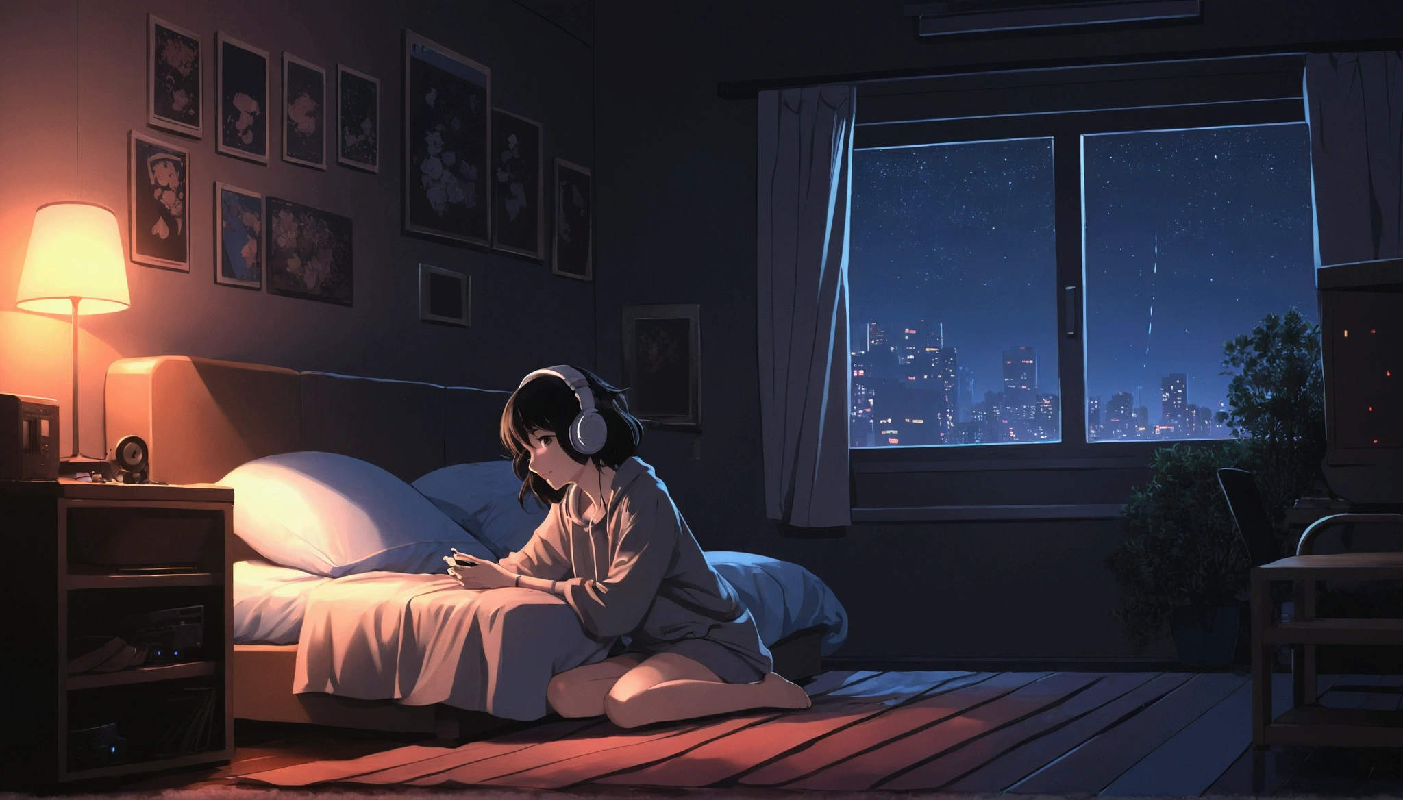 night、Girl listening to music in a cozy room, Use headphones, 2D Style Anime, Lo-Fi, hard disk, Dark Environment