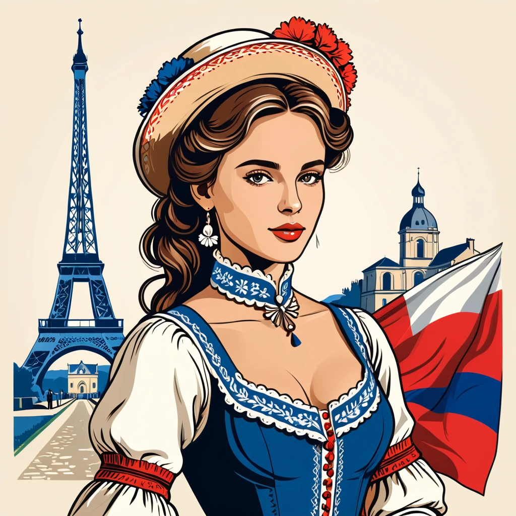 woman in france folk outfit, vector graphics, strong contours