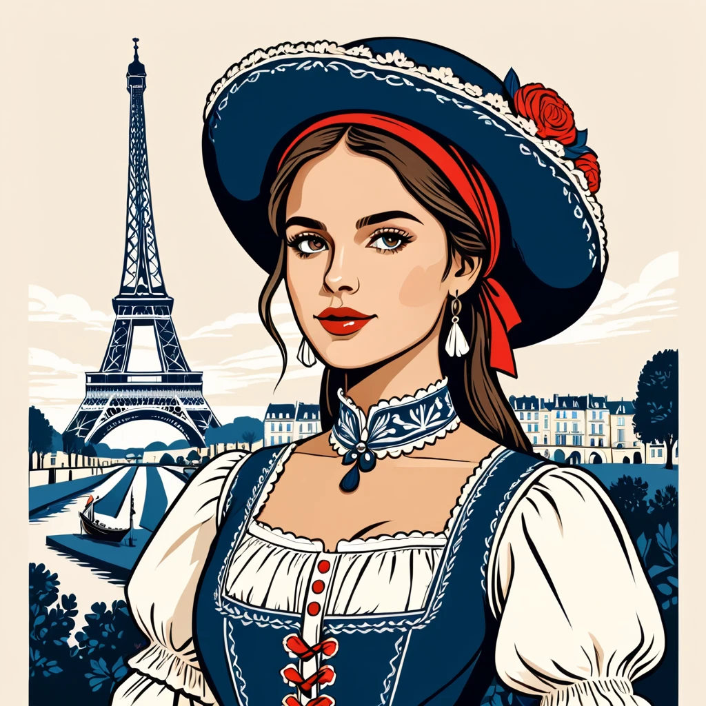 woman in france folk outfit, vector graphics, strong contours
