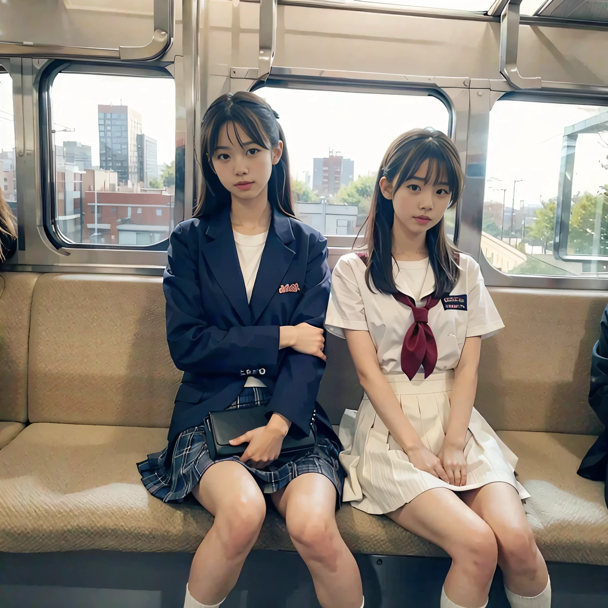 Realistic、High resolution、Japanese Trains、A high school girl is sitting alone on the bench in front of me..、Sailor suit、A high school girl stares at me、The high school girl is holding down the front of her skirt with both hands..、Train window behind high school girl、Accurate Japanese Trains Structure、