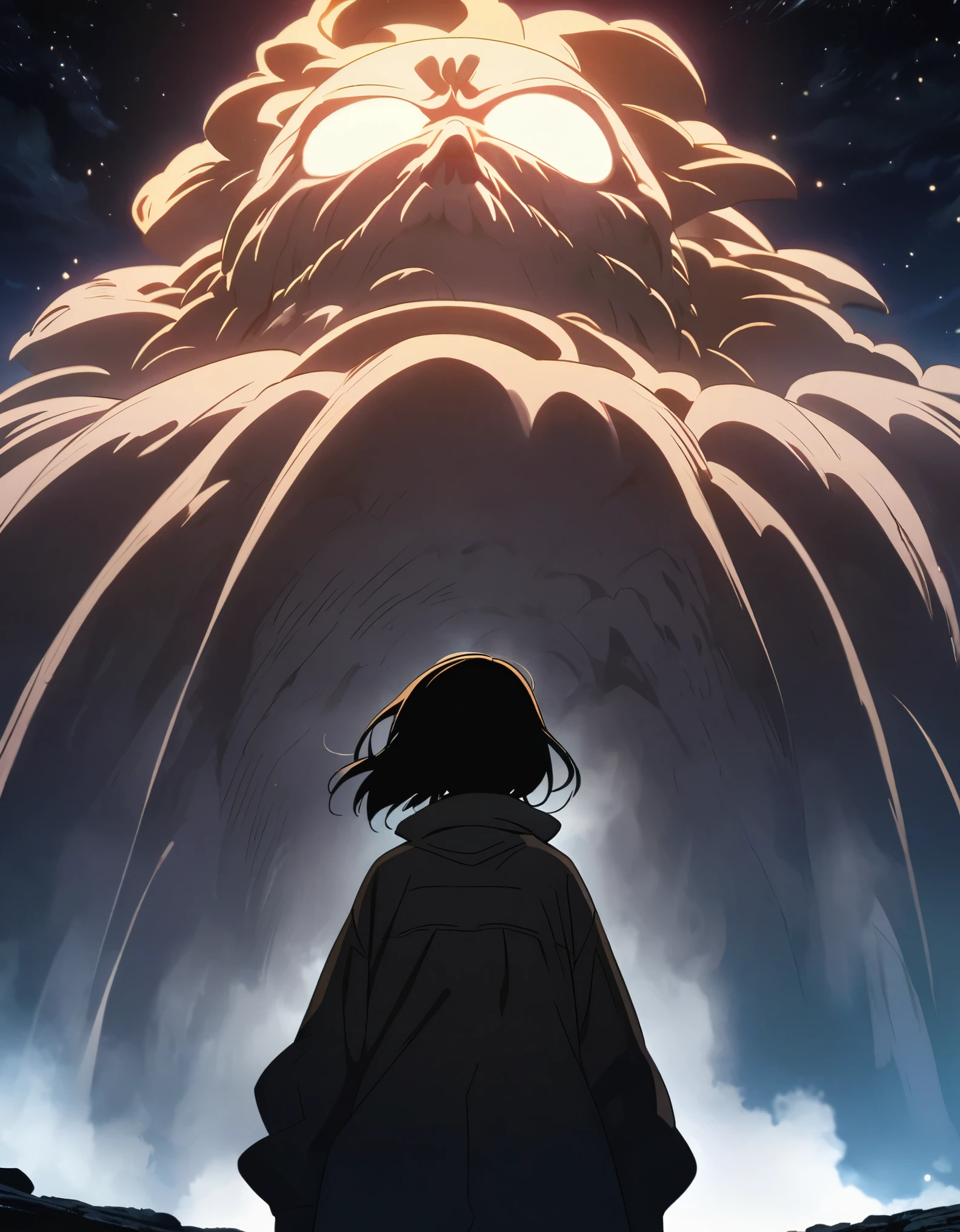 A person in front of a giant monster, anime styling, night sky 