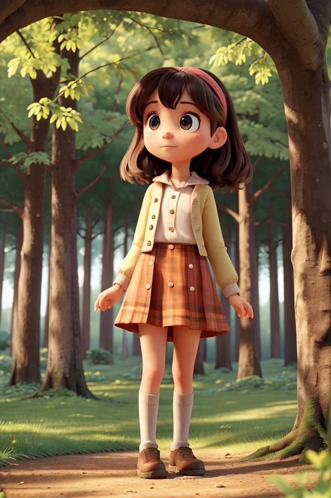 A girl stands in the middle of a large, beautiful, colorful forest.