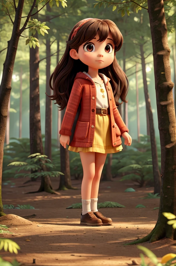 A girl stands in the middle of a large, beautiful, colorful forest.