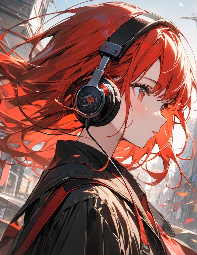 アニメ、デジタルアート、フラットデザイン、uhd, (masterpiece:1.2), best quality, highres, award winning, high details、Listening to music with headphones、Her hair is color red blowing in the wind and she has a calm expression.