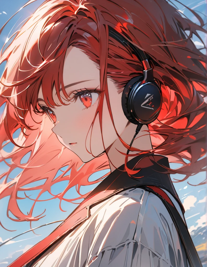 アニメ、デジタルアート、フラットデザイン、uhd, (masterpiece:1.2), best quality, highres, award winning, high details、Listening to music with headphones、Her hair is color red blowing in the wind and she has a calm expression.