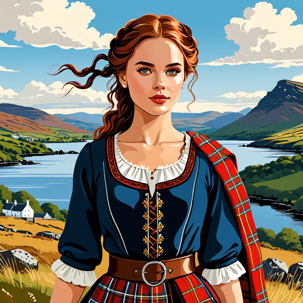 woman in scotland folk outfit, vector graphics, strong contours