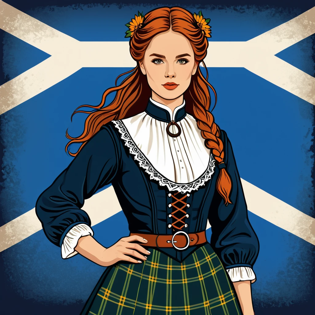 woman in scotland folk outfit, vector graphics, strong contours