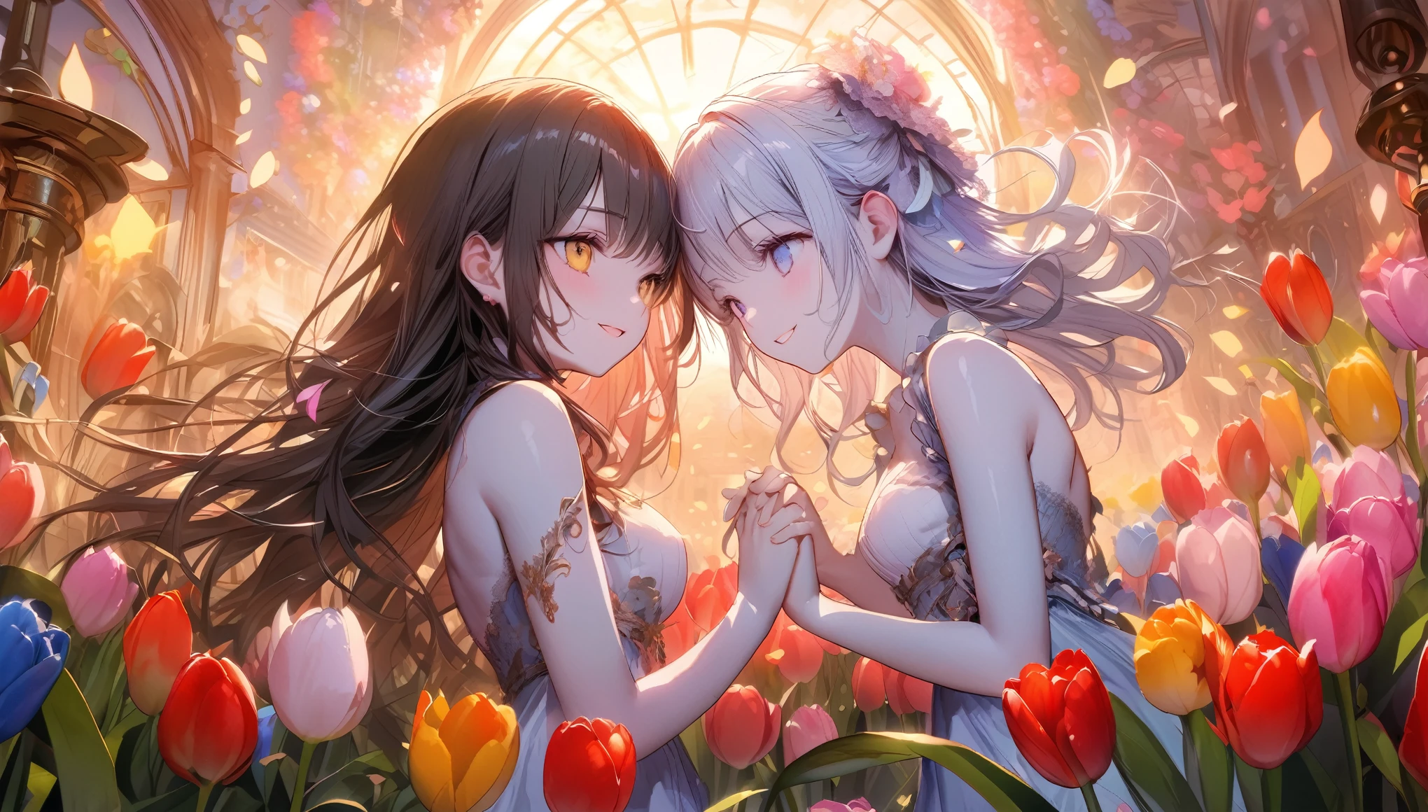 quality\(8k,wallpaper of extremely detailed CG unit, masterpiece,hight resolution,top-quality,top-quality real texture skin,hyper realisitic,increase the resolution,RAW photos,best qualtiy,highly detailed,the wallpaper,cinematic lighting,ray trace,golden ratio\), BREAK ,(solo),(1couple\(2girls\):1.4), 1couple\(2girls,looking each other,(smiling happily:1.4),floating hair,shiny skin, white skin,pale skin,cute white clothesbeautiful,cute,holding hand, (perky breast),lying on the tulips\), BREAK ,background\((so many colorful tulips),soft sunlights, bokeh,beautiful scene, mood of lovers,\),