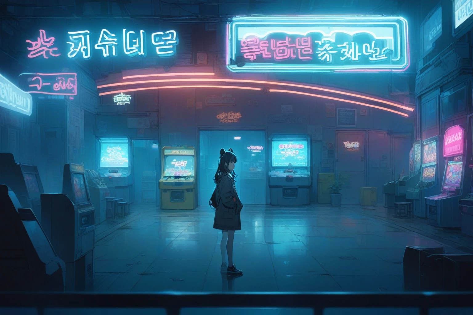 Korean arcade,neon sign,standing girl,distance