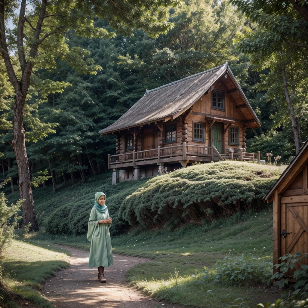 Wooden hut like in a fairy tale with a small fence, next to the fence stands a woman in a headscarf of Asian appearance, small green trees in the background, mountains behind the trees, Anime-style photography.