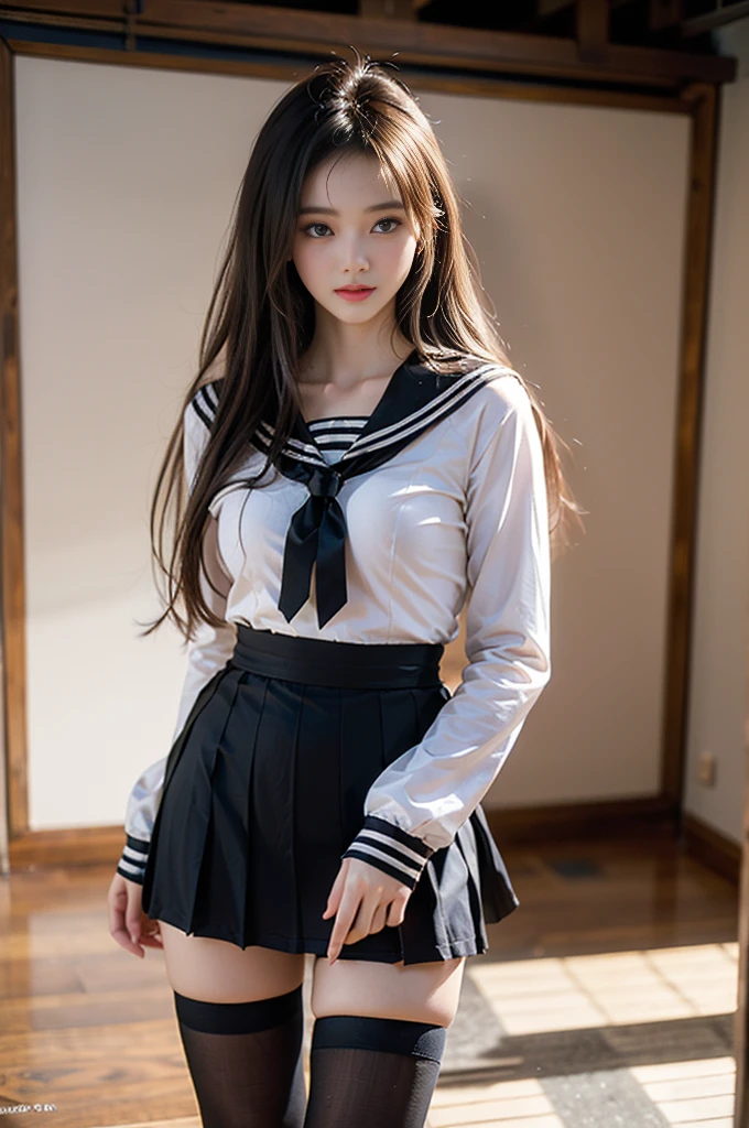 ((highest quality、8k、masterpiece:1.3)),((((fullbody shot)))),Ultra-high resolution,big eyes,Japanese,forehead,bangs,(a girl),(1 girl),((20 years old)),((facing at viewer)),(long hair),(((black sailor uniform))),(grin),((standing)),(loafers),(pleated mini skirt),(((skirt lift)))