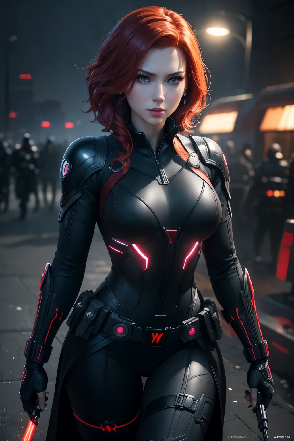 Marvel Comics Black Widow, , (8K, RAW photo, best quality, Masterpiece: 1.2), (realistic, photo-realistic: 1.4), (extremely detailed 8k CG unit wallpapers), full body, (lights neon), McHop, , Hanfu, shield uniform, dress, pretty face, (dark shot: 1.1), realistic epic,Beautiful girl smiling 