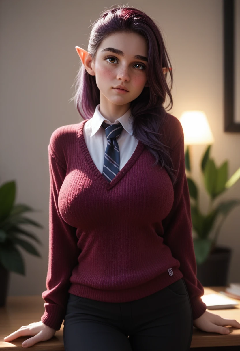 A thick girl in black tank top and grey joggers, beautiful hazel eyes, (dark purple hair:1.2). (Elf ears:1.2), dark brows, full lips, messy ponytail, natural beauty. With a sweet look, huge breasts, cute freckles, in office, lots of plants, (wearing shirt and tie under maroon sweater:1.3), (black trousers), blushing cutely. Beautiful lighting, 