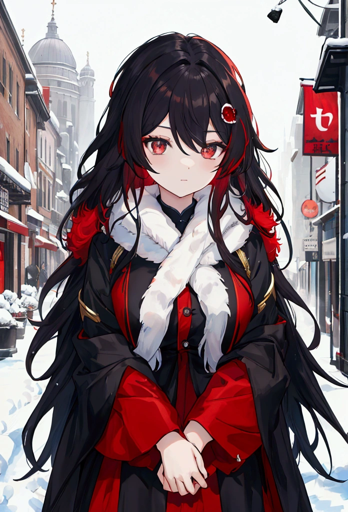 Kizi, large hair, reds, black clothing, Caucasian skin, serene gaze, snowy city