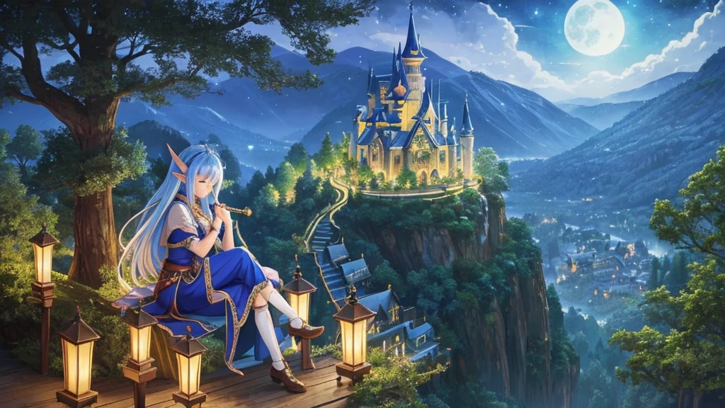 Anime Elf girl playing transverse flute while sitting gracefully on a tree branch ,magical atmosphere, panoramic fantasy night landscape, town in the forest can be seen, with charming houses, winding streets illuminated by moonlight, closed eyes, she wear long witch outfit, celtic