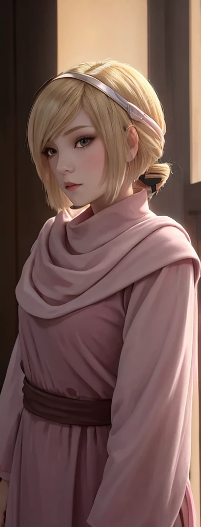 masterpiece), best quality, high resolution blonde 1girl bob cut medium hair standing alone cowl headband profile image looking at viewer beautiful eyes beautiful face extremely detailed pink clothing girly