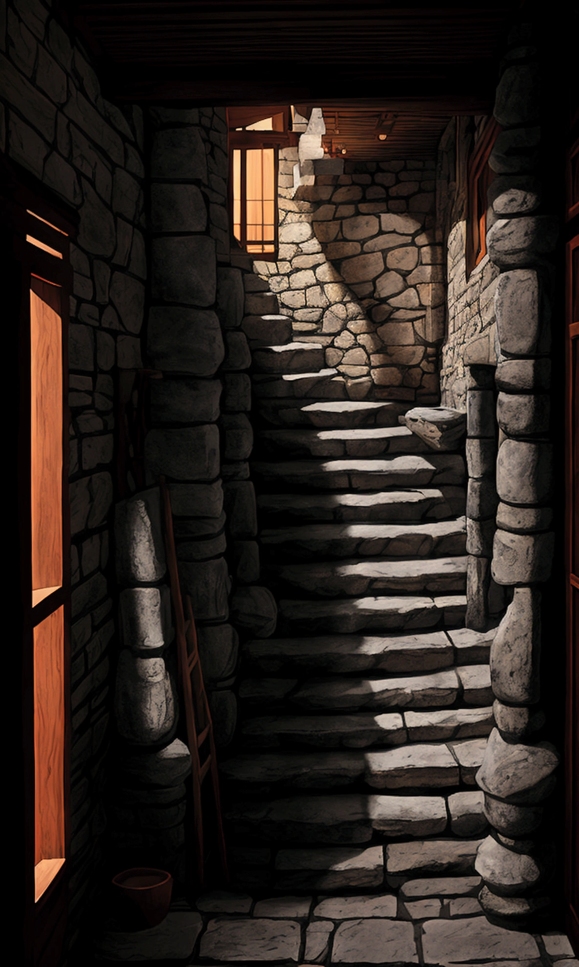 I want a scene of an old staircase, with the seas around this staircase made of stone, At the end of the stairs there is a Japanese refined wooden door, a little worn and written "Base kirai kinitsu de nume 06". captured in an ultra-realistic full HD 4K portrait, detailed texture showing its menacing shape, Immersive atmosphere, high definition shadow play, digitalpainting, nevoa no environment. suspense dinner. Poor lighting in the environment.;