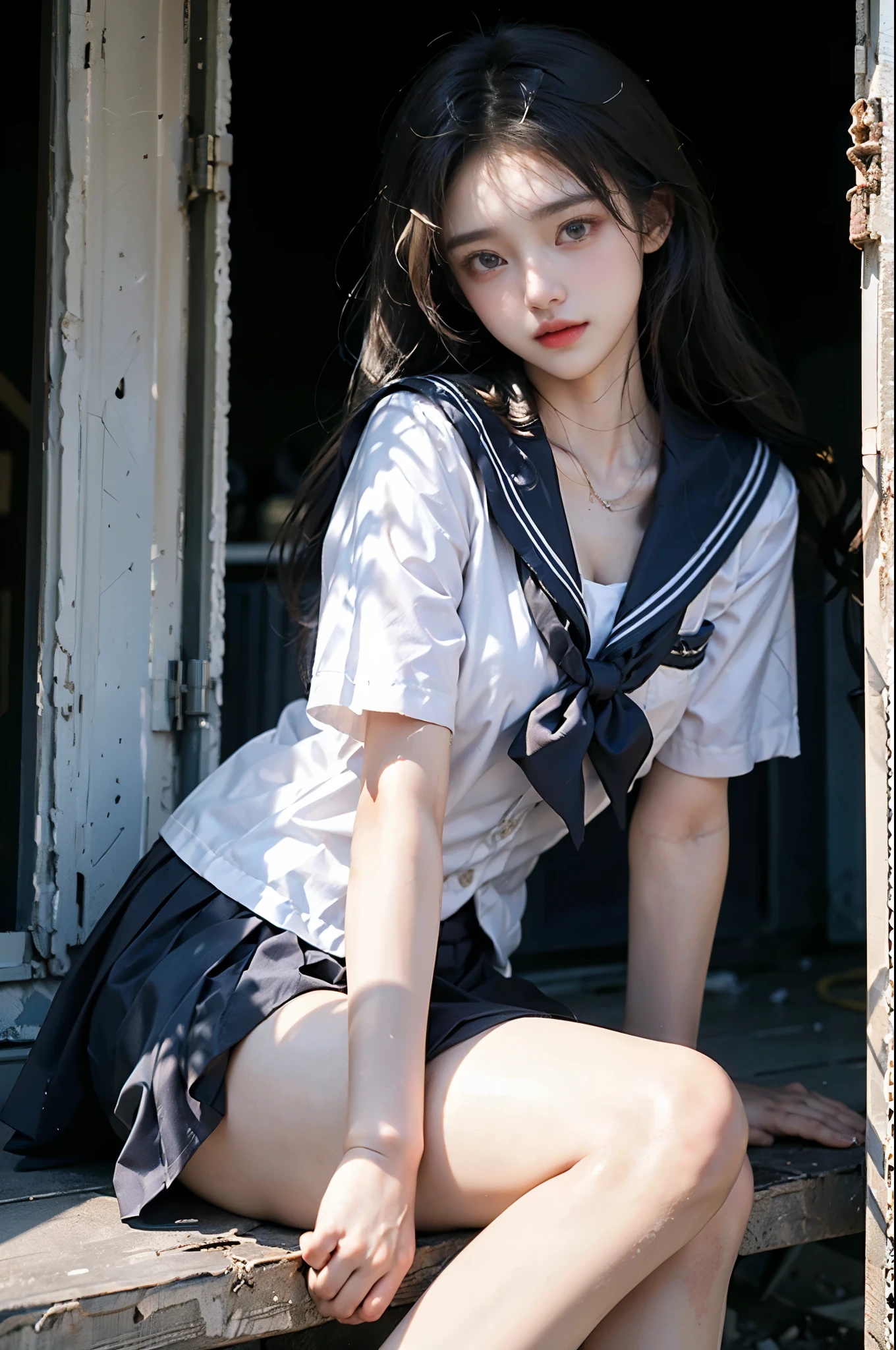 JK_style
short-sleeved JK_shirt
short-sleeved JK_sailor
JK_suit
JK_tie ((1 girl, Elegant posture)), Natural leg proportions, Visible cleavage, masterpiece, (best quality, 4K, 8K, high resolution, masterpiece:1.2), Extremely detailed, (Practical, photoPractical, photo-Practical:1.37), Official Art, CG, Anatomically correct, Random Scenes, Random shooting angle, Movie, photography, Intricate background, Soft lighting, Subtle shadows, Vibrant colors, Expressive eyes, Beautiful, high class boutique, Ambience, A moment of honesty, Natural expression, Detailed texture, Fine details, Refined and elegant, Exquisite style, Artistic Composition, Beautifully presented.