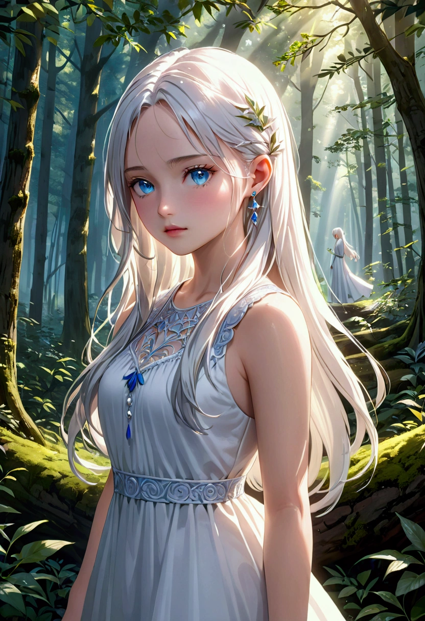 a beautiful anime girl with long flowing white hair, piercing blue eyes, detailed face and features, delicate porcelain skin, wearing a flowing white dress, standing in a serene forest landscape with soft natural lighting, (best quality,8k,highres,masterpiece:1.2),ultra-detailed,(realistic,photorealistic,photo-realistic:1.37),detailed facial features,detailed clothing, intricate background, vibrant colors, cinematic lighting, fantasy art, digital painting