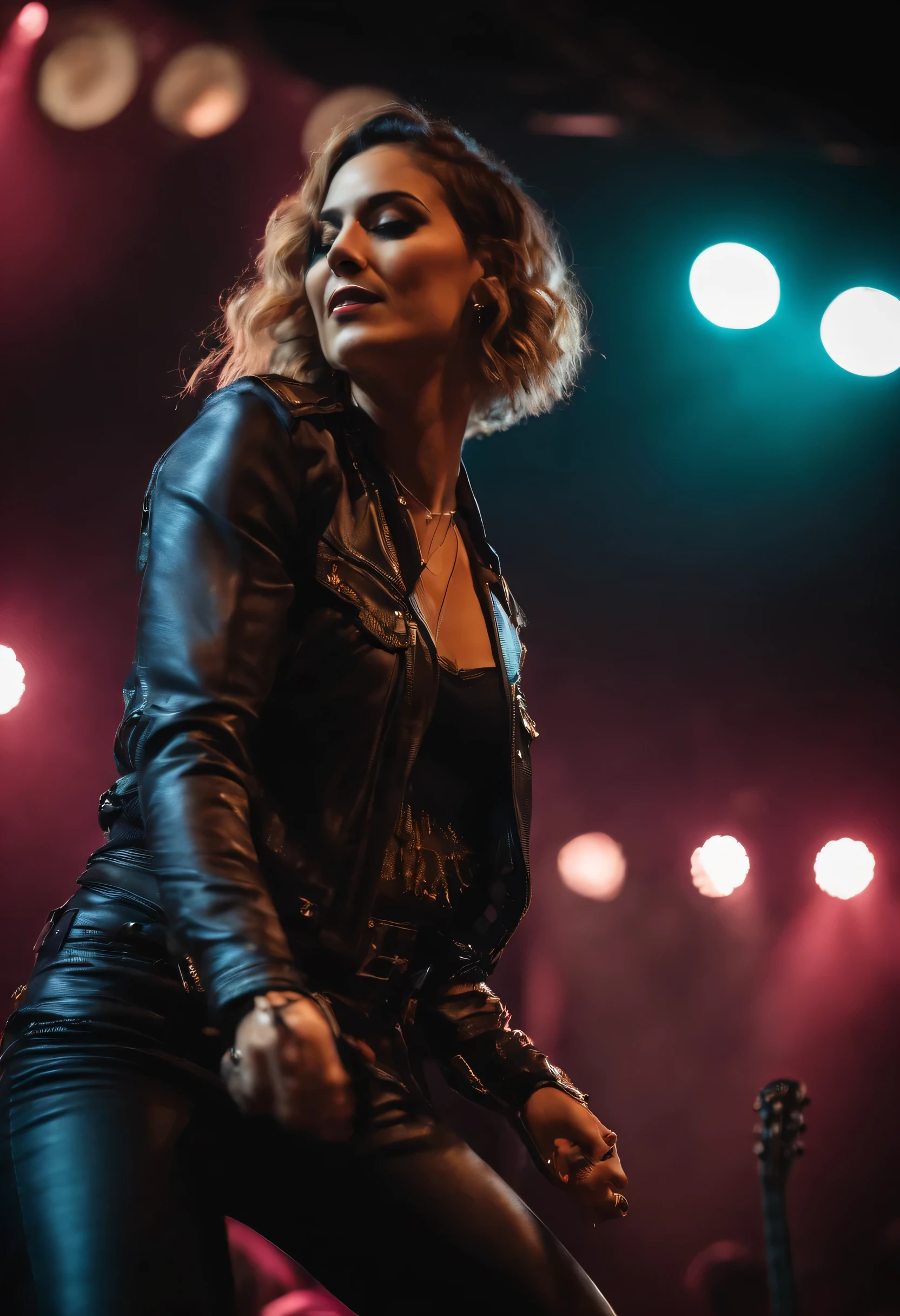 Realist, 4K, Kinematics, A young rock woman, Beautiful and sexy，Hands with well-defined contours, Sexy black clothes, The background image is of a rock concert (confusion), masterpiece