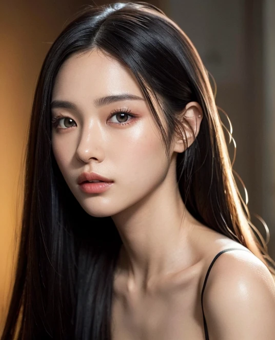((surreal、Super detailed image, maybe a photo.,Captures the details of the skin texture of an incredibly beautiful woman..))long straight black hair。Half body photo