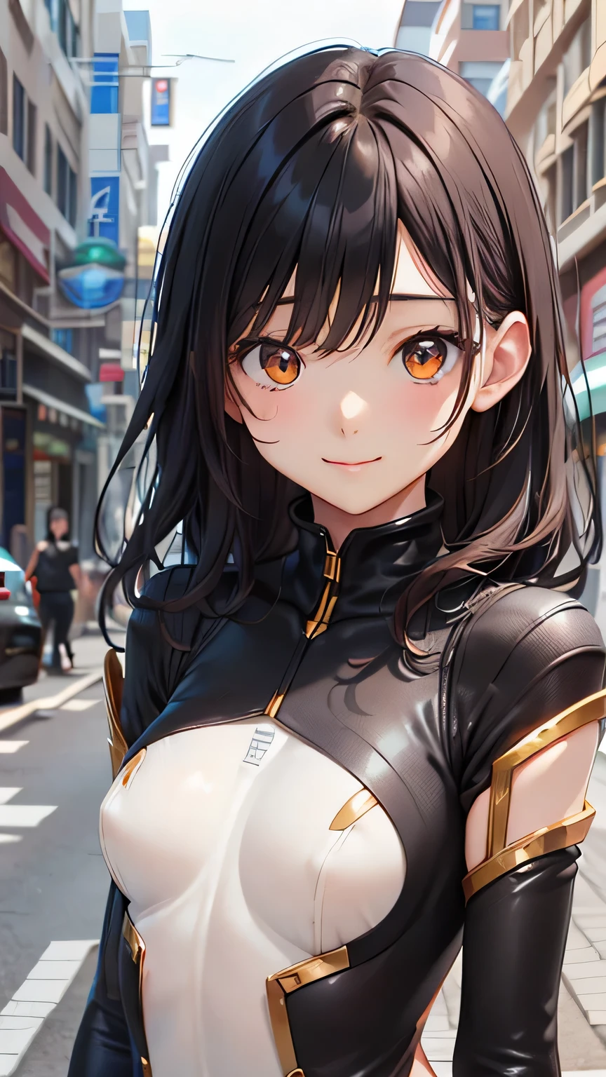 Highest quality、Realistic、woman、zoom、Orange eyes、Short black wavy hair、Reinforced Body、Hero Suit、Glossy white bodysuit、Blue and gold accents、thin、Dark Skin、Flat Chest、Inappropriate smile、Busy Street、Bust Shot、