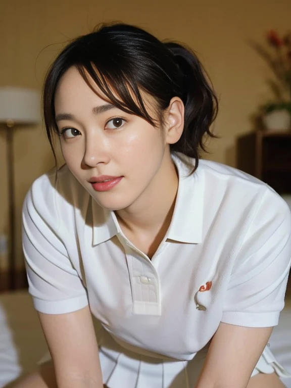 (Masterpiece, Best quality: 1.4), (Ultra realistic, Photo-realistic: 1.2), From above, From side, Sitting, Looking at viewer, Natural light, 28 years old actress, Japanese women, Neat and clean, (ponytail hairstyle: 1.1), short hair,  ((Wearing white tennis uniform, White short-sleeve polo shirt, Not buttoning the polo shirt, White pleated tennis skirt: 1.3)), Wearing white sock, (Beautiful face), Oval face, clear, Beautiful eyes, Kind eyes, Clear skin, Small face, Beautiful mouth, Small mouth, Natural makeup, Approachable, Seductive smile, (Seductive pose: 1.2), (Beautiful thighs: 1.2), (Bedroom eyes: 1.1), Embarrassed, Blush, Luxury hotel Suite room, On bed,