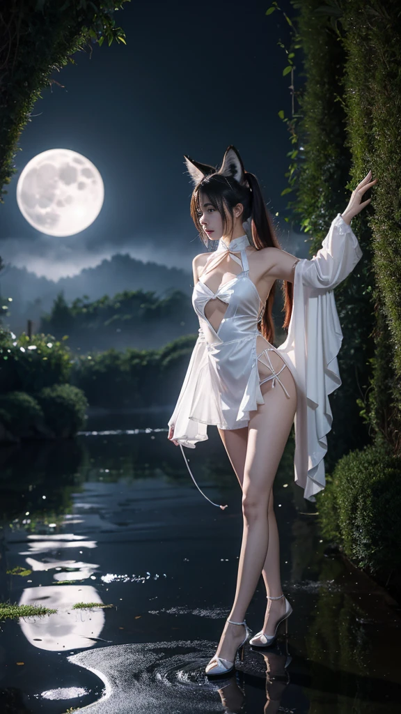shinano role play costume, role play, High Leg Raise, High heel, transparent, Fox Tail, Multi-tail, Deep in Wonderland，Moonlight falls like water，Foggy Room，The heroine&#39;s figure is vaguely visible，Like a fairy in a painting，Slender sexy legs，Beautiful big breasts而又带着一丝mystery的色彩。Her face is beautiful and delicate，Like a finely carved jade，Showing extraordinary beauty。The eyebrows are so pretty，Eyebrows grow to the temples，The waves in my eyes are like twinkling stars，Show the light of perseverance and wisdom。The bridge of the nose is straight，Cherry lip color，The slightly upturned corners of the mouth reveal confidence and calmness。Her face is chiseled，Skin like jade，Reveal healthy glow，Not like a fairy&#39;Not worldly。Her makeup is light and delicate，No excessive embellishment，But it is enough to show her temperament and charm。Light foundation highlights the translucence of the skin，A light eyebrow pencil outlines her perfect eyebrow shape，Eye makeup is eye shadow and eyeliner，Make her eyes brighter、Energetic。Lips painted with grace lipstick，Add a touch of charm and sophistication。Her clothes are graceful and chic，Wear white to win the snow，Clothes fluttering，As if the wind will blow it up at any time，Drifting away。Beautiful embroidery patterns on clothes，Without losing grace，She also showed her extraordinary ball skills。A wide belt around the waist，There is a crystal clear jade pendant hanging on it.，Swaying with her movements。Her hair was tied back casually.，Secure with a jade hairpin，A few strands of hair fluttering gently in the wind，Add a touch of softness。Her figure looms in the fairyland，Like a landscape of Beautiful big breasts，Attracted everyone&#39;s concern。She seems like an elf in fairyland，Beautiful big breasts、grace、mystery、Full of power。