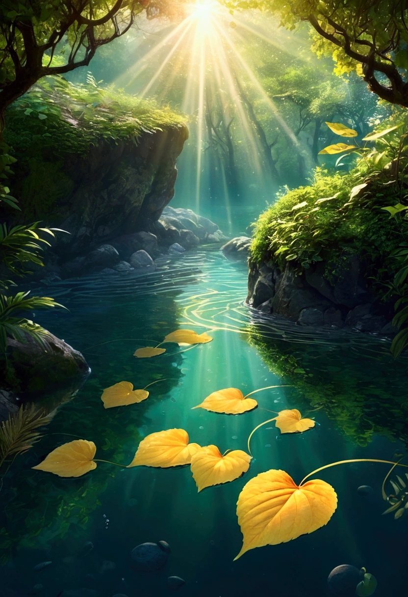 realistic animation, mysterious atmosphere, (best quality, high resolution:1.2), very detailed, realistic, sight, The Enchanted Forest, Beautiful reflection, peaceful atmosphere, soft sunlight, calm valley, Lush green vegetation, A tranquil and peaceful scene, Subtle color palette, Calm atmosphere, breeze, birdsong heard from afar, vivid colors, The freshness of dawn after the rain, magnificent and beautiful, golden sky, underwater rocks, Transparent clear water quality, light reflection on water, ripples on the water, A pattern that makes waves, sublime tranquility, balance, Leisurely and elegant composition, soft lighting, Warm sunlight with golden particles filtering through the leaves.,