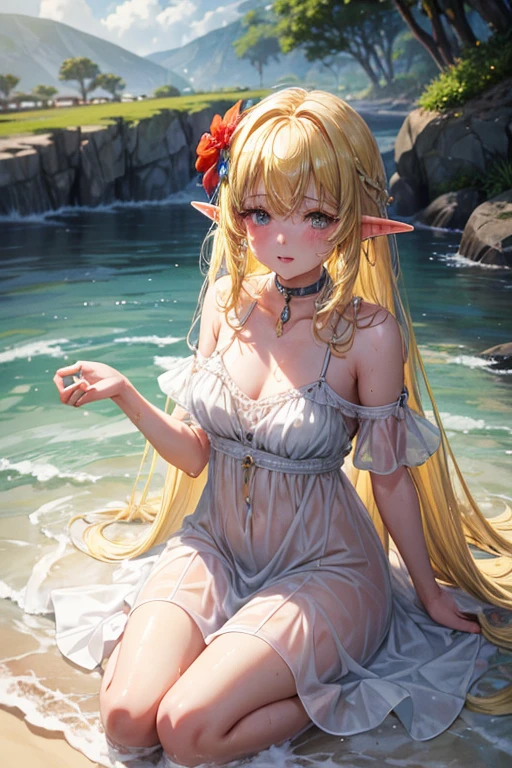 elf close-up yellow wet hair scarlet plump lips hair clip flower steel collar crying high detail 4k sitting on the sand on a chain eyes wide open wet airy transparent small dress full-length top view large tears