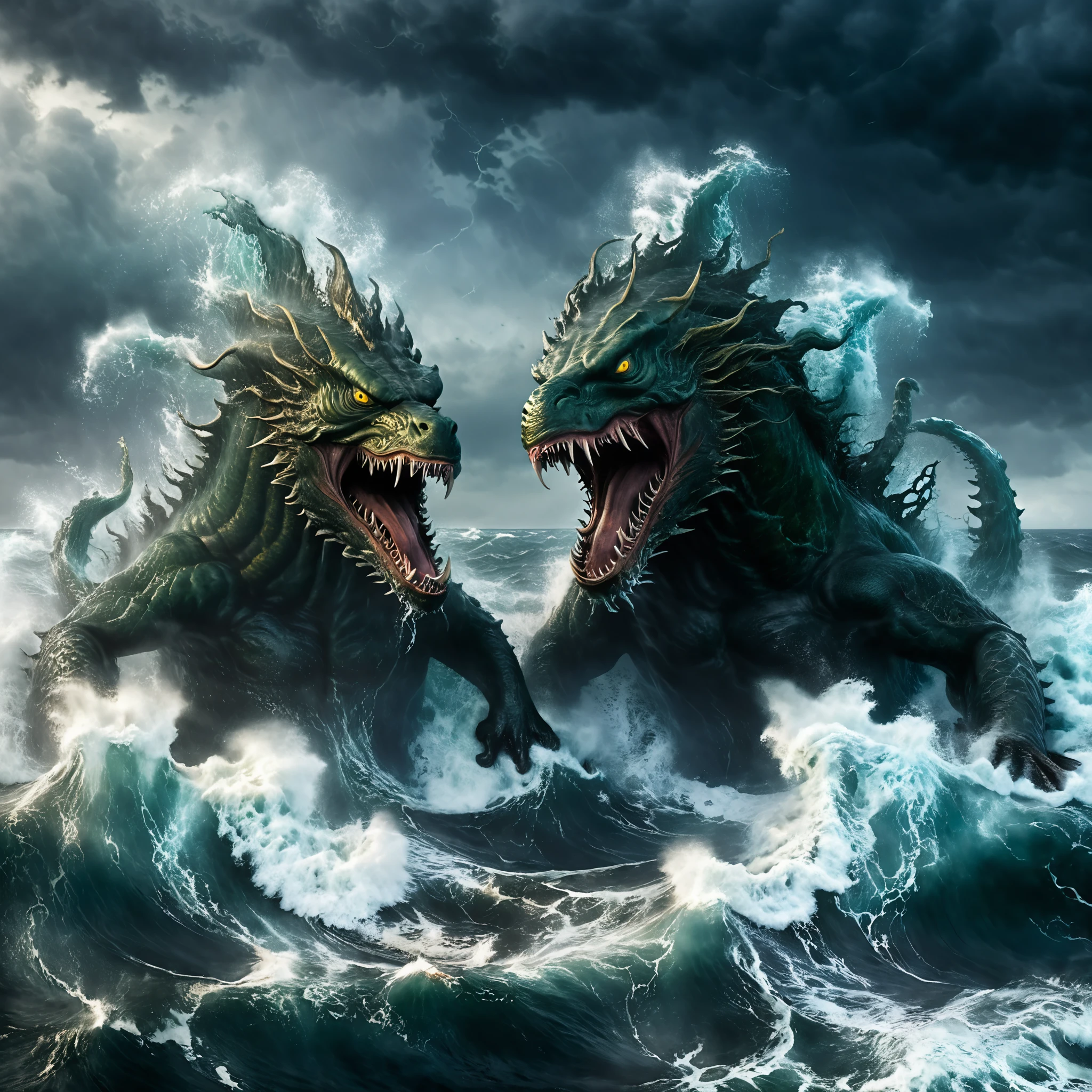 A battle between two colossal sea monsters in the middle of a stormy ocean, waves crashing around them as they clash, the sky dark and foreboding, cinematic and monstrous.