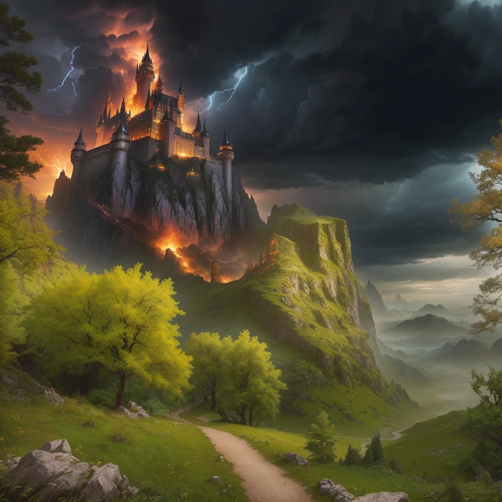 photograph of a castle on a hill, made from a computer, Matte painting in fantasy style, 4k fantasy art, Thunderstorm and forest on fire, фэнтези эпическое Digital art, Cover of an epic fantasy novel, epic fantasy picture, an epic fantasy, Digital art, fantasy matte painting, an epic fantasyйное произведение, fantasy art realistic painting, 8k fantasy art, high fantasy matte painting