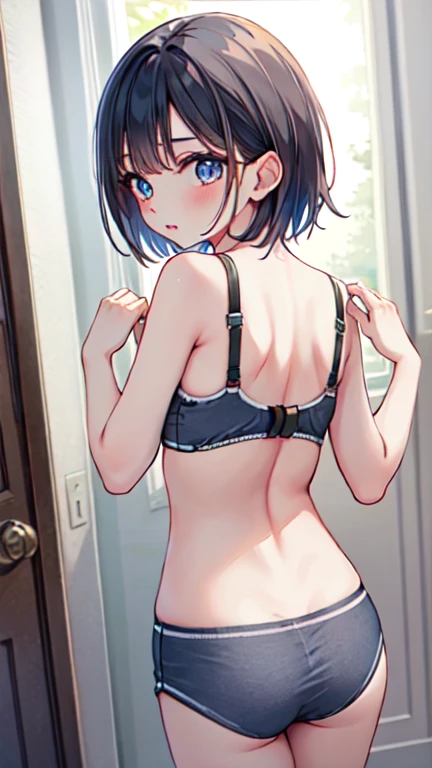 (masterpiece, best quality),
1girl, solo, standing, (, unhooked bra, open bra:1.1), (hands on bra hook:1), (hands on back:1.3), looking back, looking at viewer,