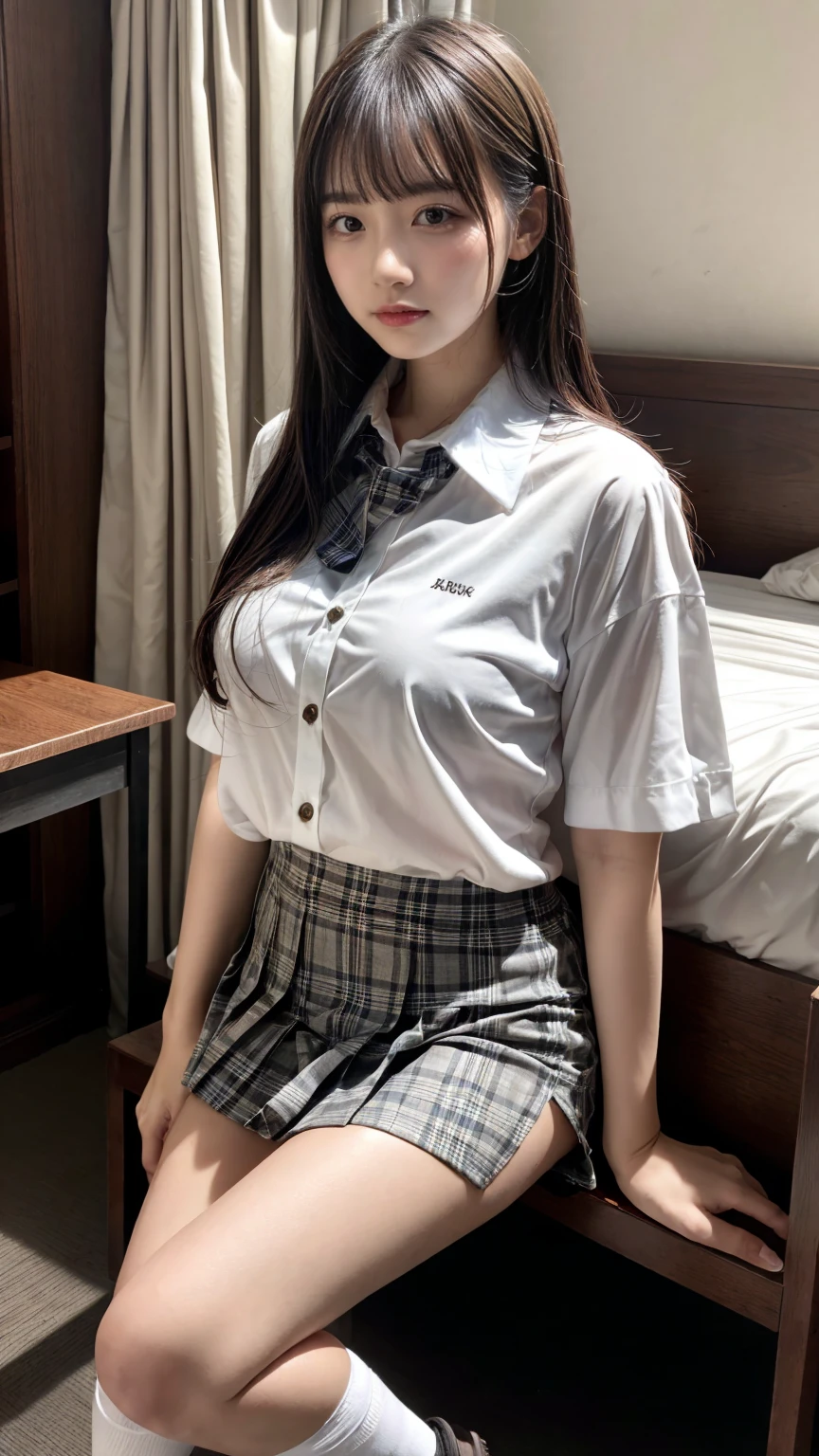 (8K, RAW Photos, Highest quality, masterpiece:1.2), (professional photography, full colors, studio-caliber color grading), (Gravure quality for high-end fashion magazines),  BREAK,18 year old girl, (boyish:1.15), (mannish:1.1), Big Natural Color Lip, Plumpy body, (smooth skin:1.1), (huge breasts:1.0),  BREAK (school uniform:1.2), ((loose style, tucked out tops):1.2), (fusion of oversized white tunic and white collared-shirt with untucked:1.4), (short sleeve:1.3), (button-up:1.4), (black and gray plaid pattern pleated mini skirt:1.2), (thigh skin:1.4), (socks:1.2), (loafers:1.1), BREAK hotel room