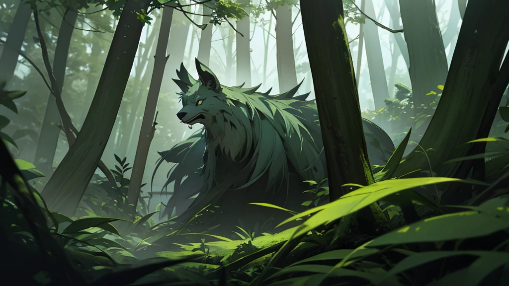 create wallpaper with resolution 3440x1440, dark forest, ghilibi style