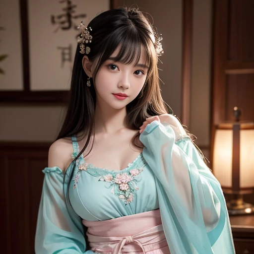 best quality, Delicate face，beautiful visual work, lifelike, eternity, black hair, Long curly hair, blunt bangs, Smile, Detailed Background, Delicate face，blush，cold，((masterpiece))、(top quality)、8k、high detail、Super detailed，21 years old female，身穿唐制Hanfu、waist skirt, Clothes are light and fluffy，Hanfu, wide sleeves, Tunic, Clothes made of chiffon, Seductive and whimsical style、masterpiece、born、Scenes resembling fairy tale illustrations、intricate details和複雜的設計、Beautifully、magic、capricious、 Beautifully、Dream aesthetics、「𝓡𝓸𝓶𝓪𝓷𝓽𝓲𝓬、ethereal、charming、fickle、magic」、realism、Visual effects、FXAA、SSAO、Shader、voiceless、ambient lighting、Tone mapping、High resolution、Ultra high quality、Million pixels、(8K resolution:1.10)、8k、8k以下、8K resolution、high detail、intricate details， (high quality:1.2、masterpiece:1.2、:1.21)、(21 years old female:1.21)、(興奮地Smile)、(被dream般的氛圍所包圍、Model diagram，full-body shot，Normal 2 feet，Cross your hands and hide them in your sleeves，You can clearly see that her breasts are very big inside the clothes, Big ，Chest G cup, antiquity, Xian Xia, gauze clothes, Soft and fluttering, Fairy, dream, fantasy, light, Elegant, nature, Immortal, light green clothes