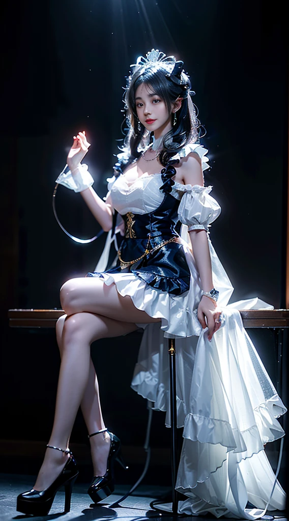 shinano role play costume, role play, High Leg Raise, High heel, transparent, Fox Tail, Multi-tail,  ((whole body)), ((Shot from random angles)), ((Sitting)), ((In class, Sitting on the podium)), (Yushuxin,1 Girl,Solitary), Clear face, Pretty Face, 8K, masterpiece, original photo, best quality, detail:1.2,lifelike, detail, Very detailed, CG, Unite, wallpaper, Depth of Field, Movie Lighting, lens flare, Ray Tracing, (Extremely beautiful face, Beautiful lips, beautiful eyes), complex, detail的脸, ((ultra detailed skin)), 1 girl, in the darkness, Deep Shadows, Beautiful Korean girl, Korean Idol,(Very slim figure:1.3), Full breasts, Large Breasts, Slender sexy legs, Very beautiful legs, Elegant Posture, (A bright smile), (City night, (Neon lights), (night), Beautiful Korean girl, White Diamond Earrings, Diameter Bracelet, Deya Necklace, Clear eyes, (big eyes)