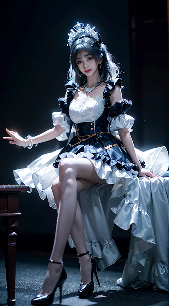 shinano role play costume, role play, High Leg Raise, High heel, transparent, Fox Tail, Multi-tail, ((whole body)), ((Shot from random angles)), ((Sitting)), ((In class, Sitting on the podium)), (Yushuxin,1 Girl,Solitary), Clear face, Pretty Face, 8K, masterpiece, original photo, best quality, detail:1.2,lifelike, detail, Very detailed, CG, Unite, wallpaper, Depth of Field, Movie Lighting, lens flare, Ray Tracing, (Extremely beautiful face, Beautiful lips, beautiful eyes), complex, detail的脸, ((ultra detailed skin)), 1 girl, in the darkness, Deep Shadows, Beautiful Korean girl, Korean Idol,(Very slim figure:1.3), Full breasts, Large Breasts, Slender sexy legs, Very beautiful legs, Elegant Posture, (A bright smile), (City night, (Neon lights), (night), Beautiful Korean girl, White Diamond Earrings, Diameter Bracelet, Deya Necklace, Clear eyes, (big eyes)