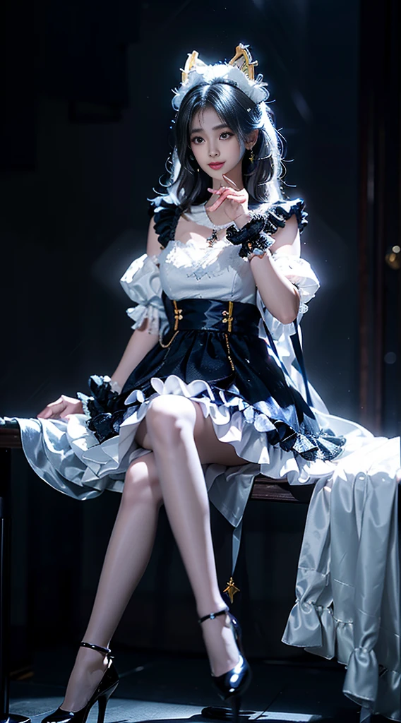shinano role play costume, role play, High Leg Raise, High heel, transparent, Fox Tail, Multi-tail, ((whole body)), ((Shot from random angles)), ((Sitting)), ((In class, Sitting on the podium)), (Yushuxin,1 Girl,Solitary), Clear face, Pretty Face, 8K, masterpiece, original photo, best quality, detail:1.2,lifelike, detail, Very detailed, CG, Unite, wallpaper, Depth of Field, Movie Lighting, lens flare, Ray Tracing, (Extremely beautiful face, Beautiful lips, beautiful eyes), complex, detail的脸, ((ultra detailed skin)), 1 girl, in the darkness, Deep Shadows, Beautiful Korean girl, Korean Idol,(Very slim figure:1.3), Full breasts, Large Breasts, Slender sexy legs, Very beautiful legs, Elegant Posture, (A bright smile), (City night, (Neon lights), (night), Beautiful Korean girl, White Diamond Earrings, Diameter Bracelet, Deya Necklace, Clear eyes, (big eyes)