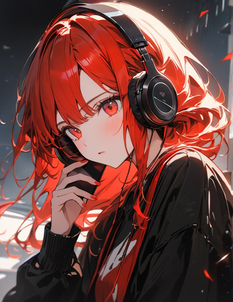 アニメ、デジタルアート、フラットデザイン、uhd, (masterpiece:1.2), best quality, highres, award winning, high details、Listening to music with headphones and lookinh her phone、Her hair is color red blowing in the wind and she has a calm expression.